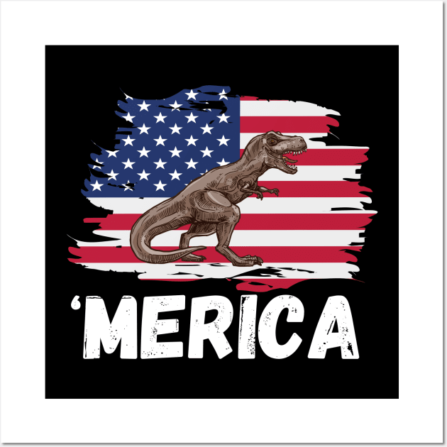 Vintage American flag T-Rex Dinosaur 4th Of July Independence Day Patriotic Party Wall Art by JustBeSatisfied